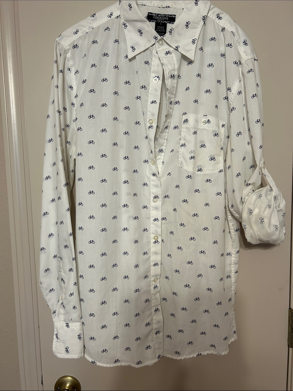 Men's White Button-Down Shirt with Navy Bicycle Print